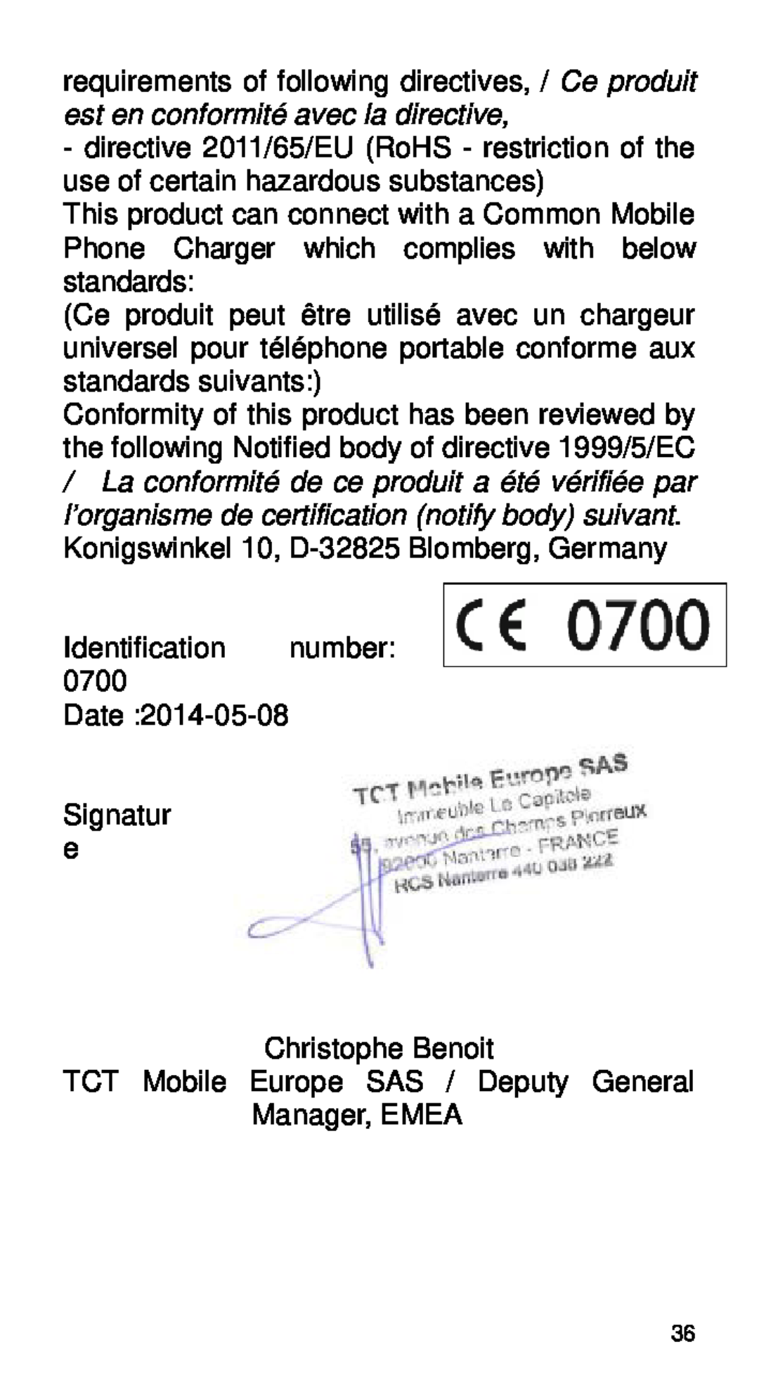 Alcatel Home V101 manual Identification number Date Signatur e Christophe Benoit 