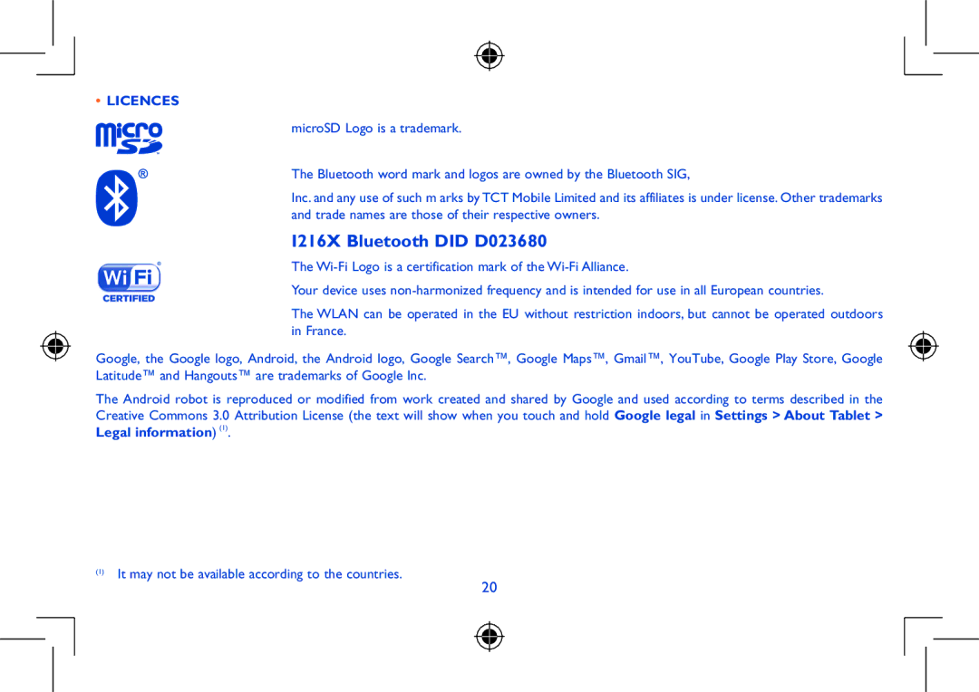 Alcatel manual I216X Bluetooth did D023680, Licences 