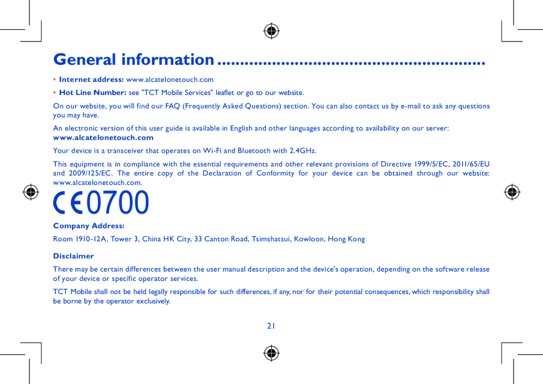 Alcatel I216X manual Company Address, Disclaimer 