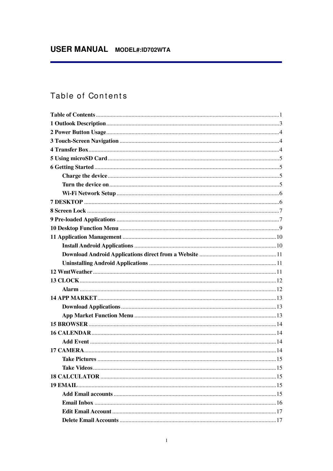 Alcatel ID702WTA manual Table of Contents 