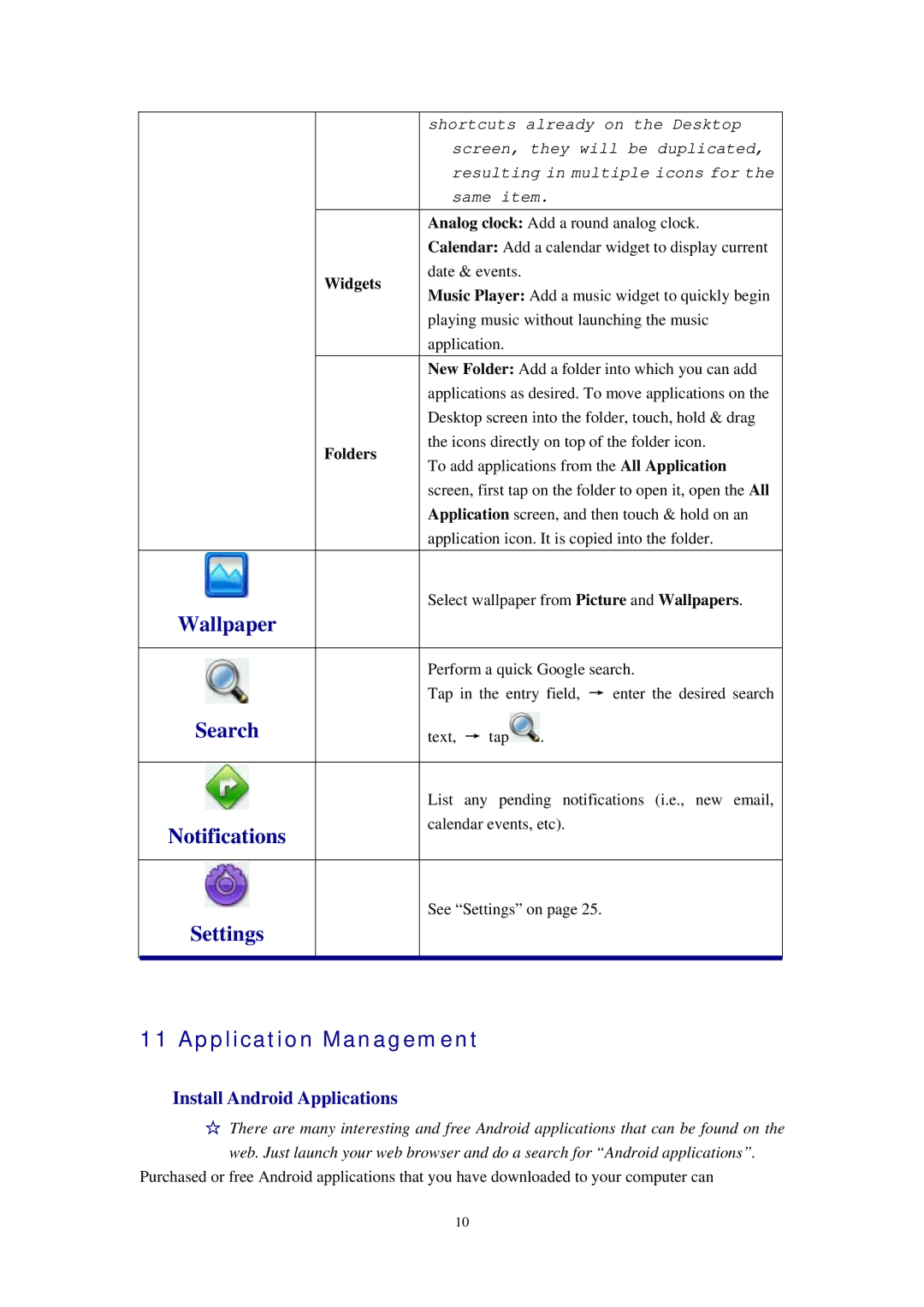 Alcatel ID702WTA manual Application Management, Install Android Applications, Widgets, Folders 