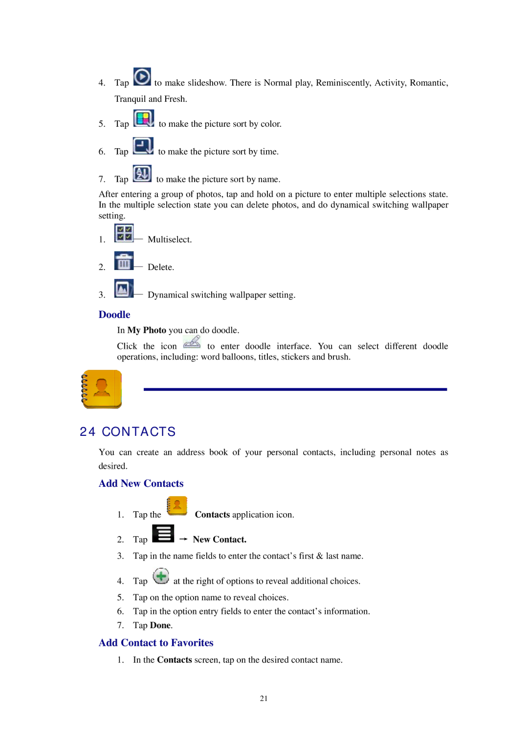 Alcatel ID702WTA manual Doodle, Add New Contacts, Add Contact to Favorites, Tap → New Contact 