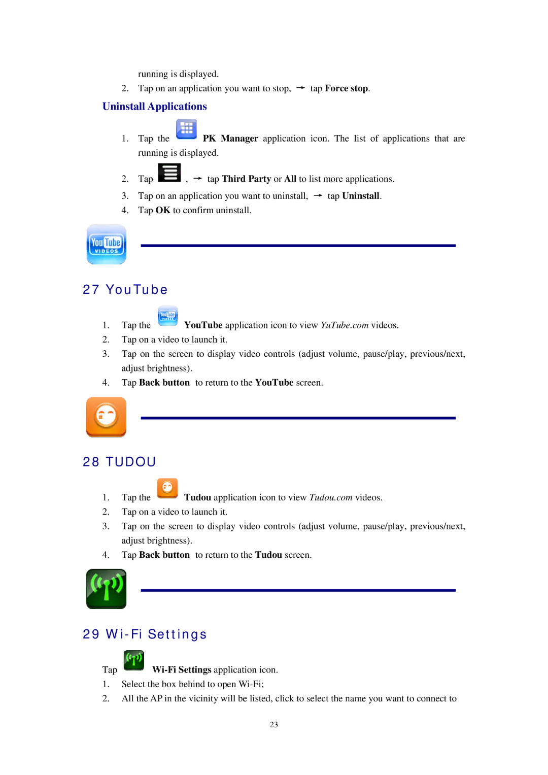 Alcatel ID702WTA manual YouTube, Tudou, Wi-Fi Settings, Uninstall Applications 