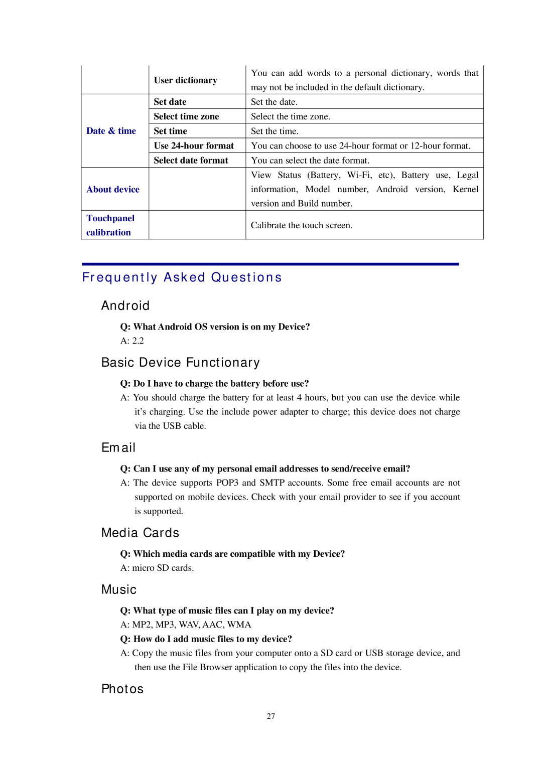 Alcatel ID702WTA manual Frequently Asked Questions, Date & time, About device, Touchpanel, Calibration 