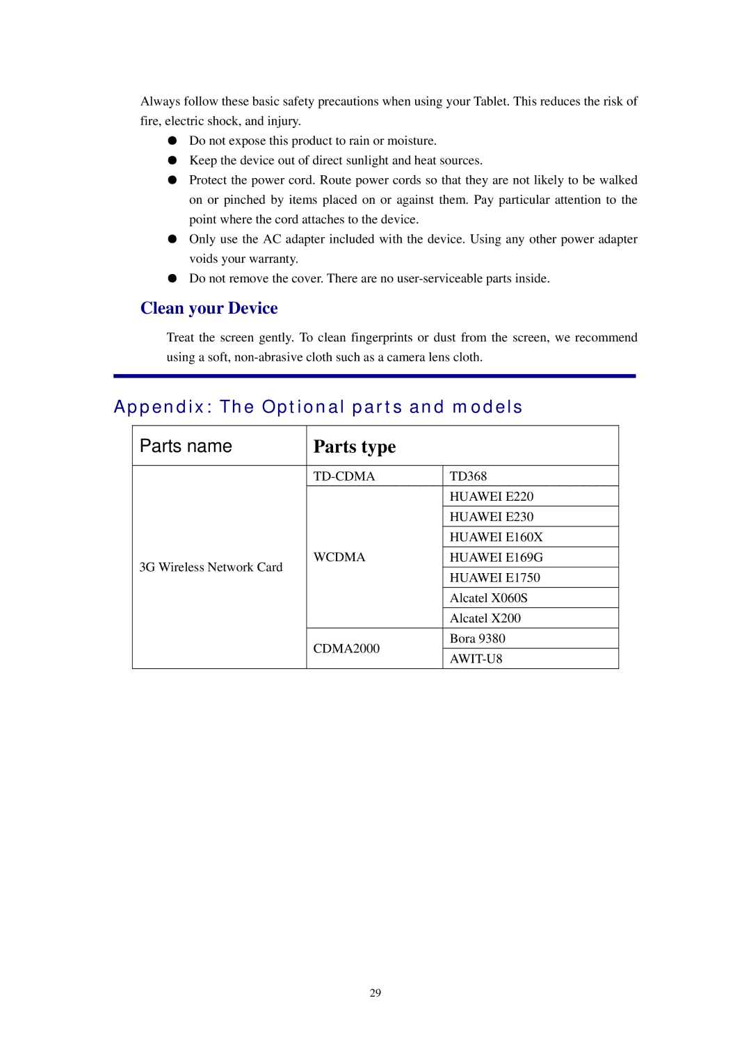 Alcatel ID702WTA manual Clean your Device, Appendix The Optional parts and models 