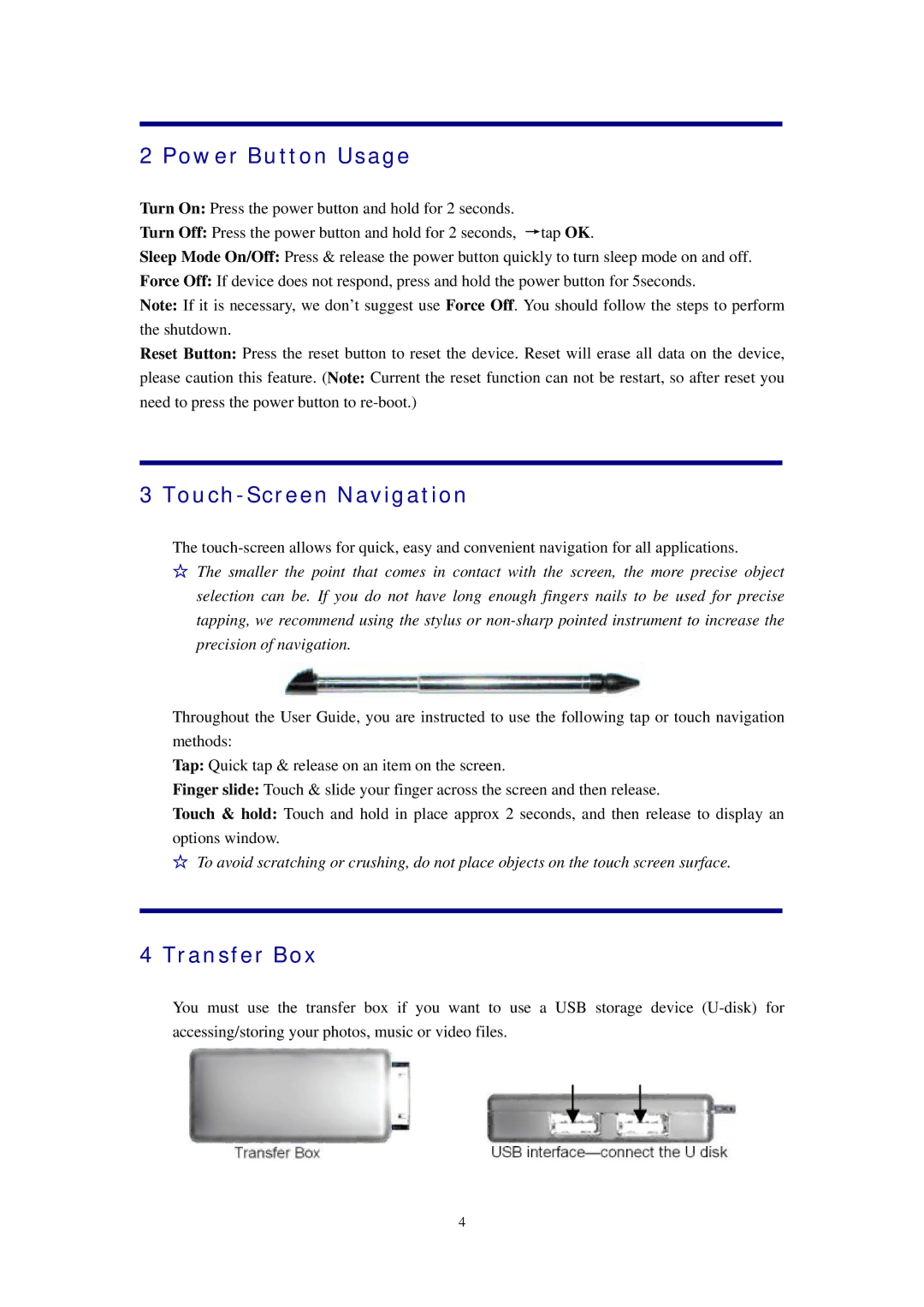 Alcatel ID702WTA manual Power Button Usage, Touch-Screen Navigation, Transfer Box 