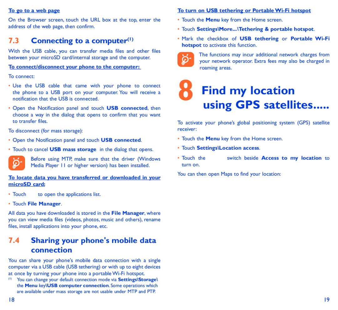 Alcatel IDOL 2 MINI S manual Connecting to a computer1, Sharing your phones mobile data Connection 