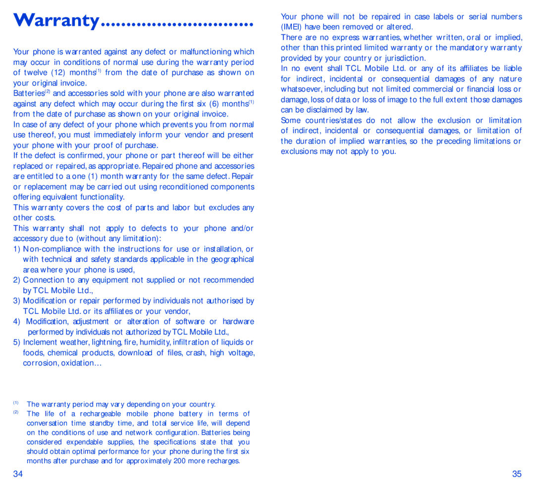 Alcatel IDOL 2 MINI S manual Warranty 