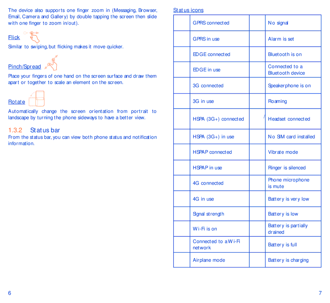 Alcatel IDOL 2 MINI S manual Status bar, Flick, Pinch/Spread, Rotate, Status icons 