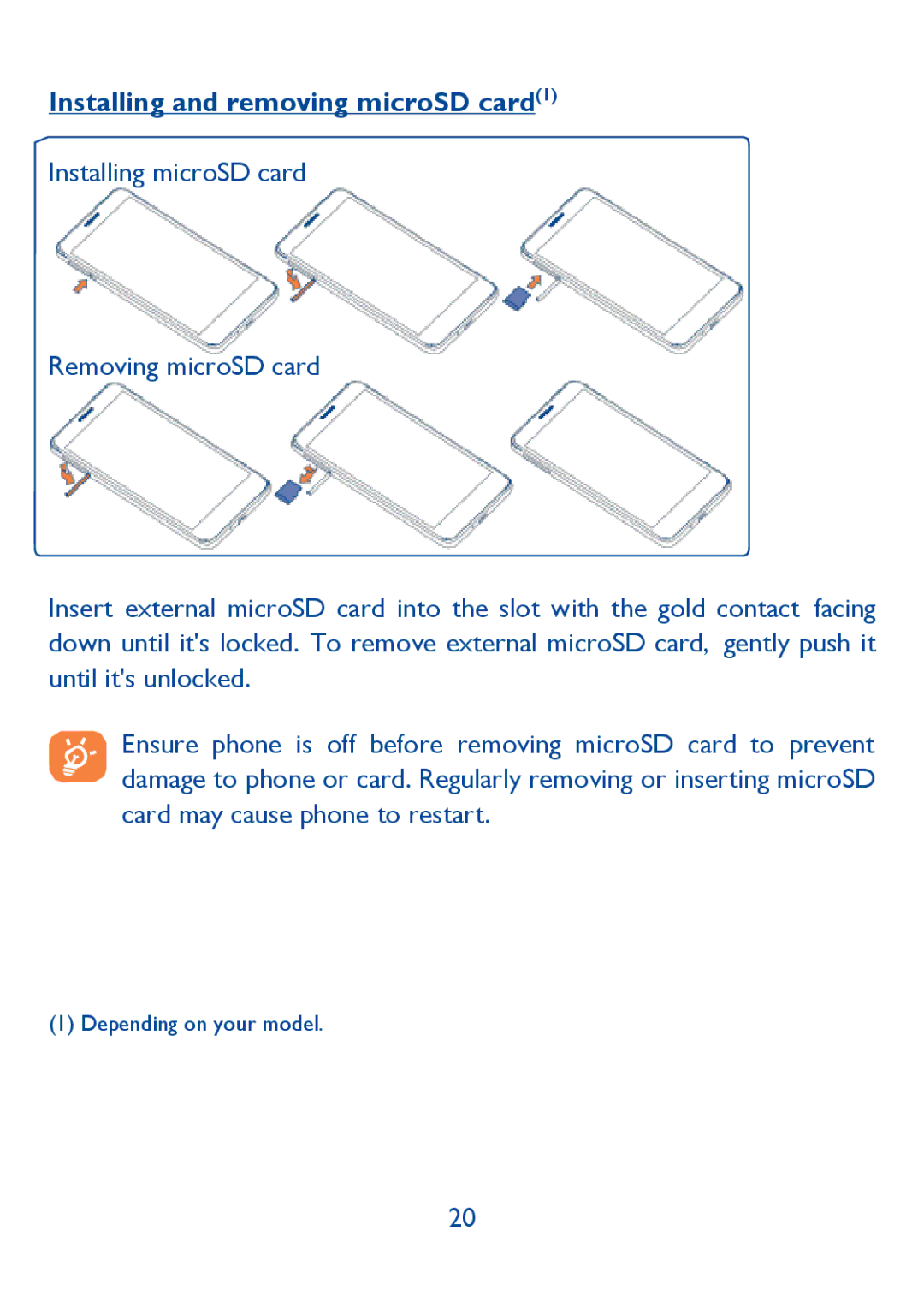 Alcatel Idol (6030A), 6030N manual Installing and removing microSD card1 