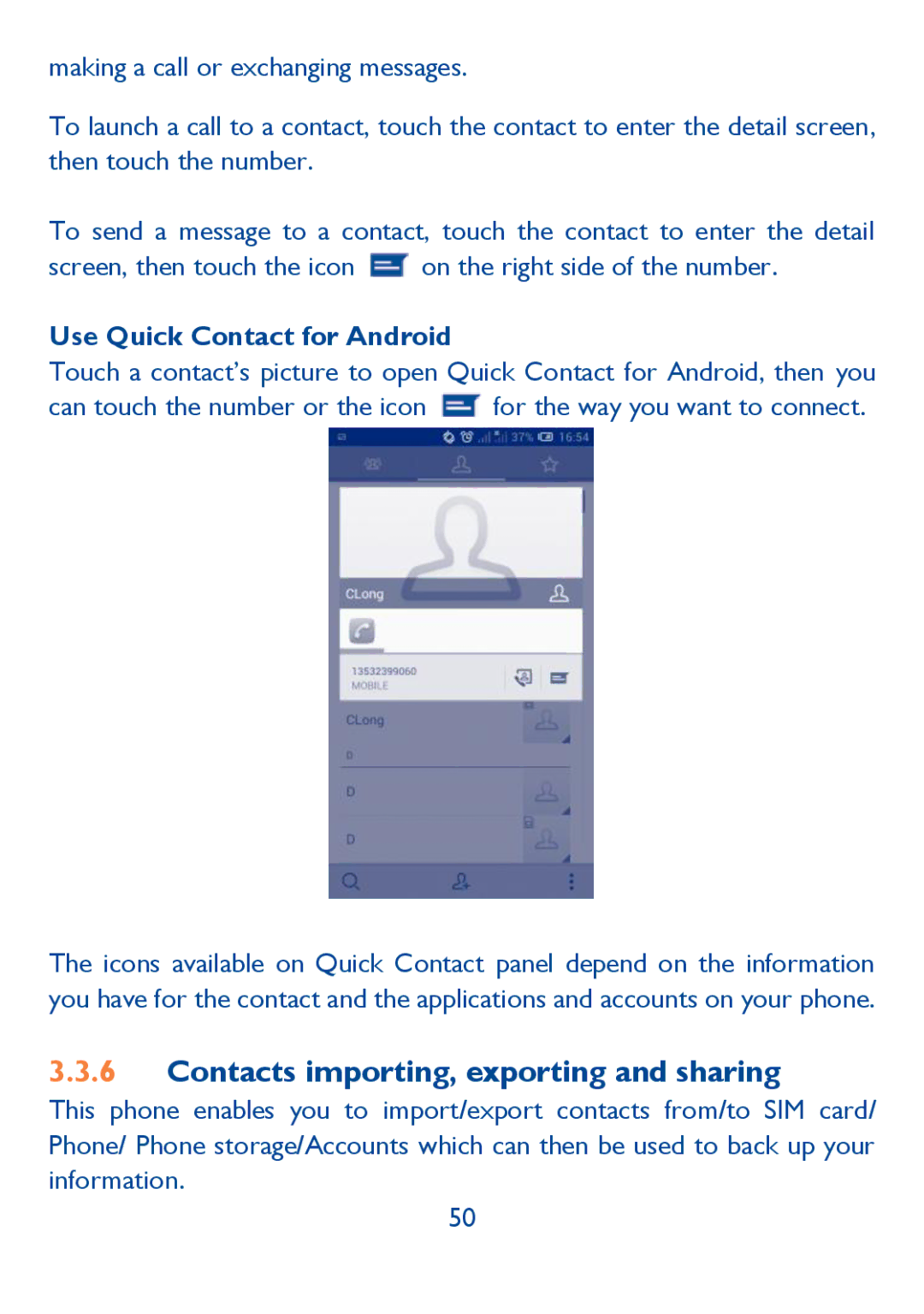 Alcatel Idol (6030A), 6030N manual Contacts importing, exporting and sharing, Use Quick Contact for Android 