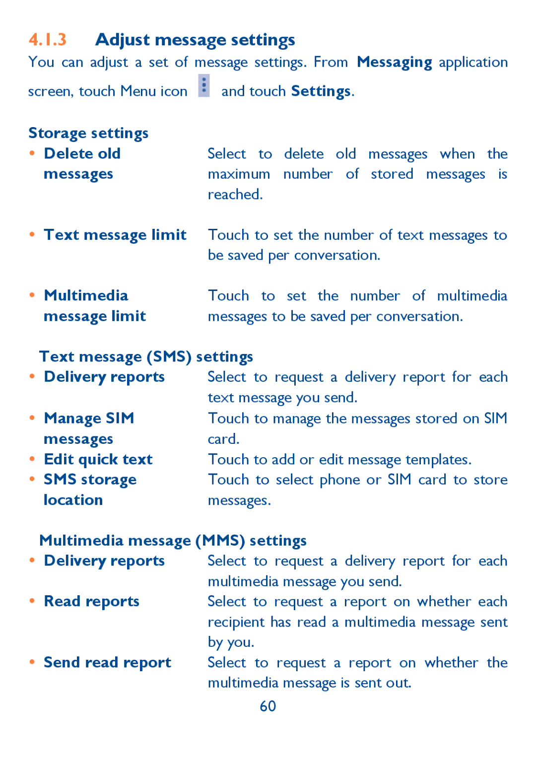 Alcatel Idol (6030A), 6030N manual Adjust message settings 