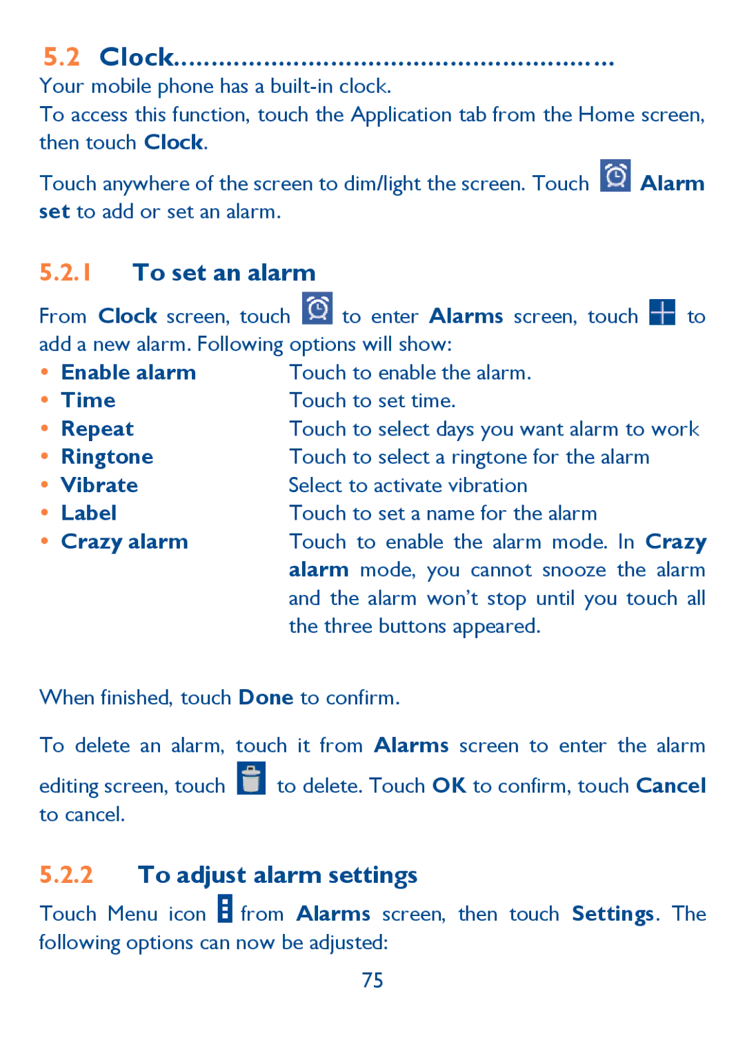 Alcatel 6030N, Idol (6030A) manual Clock, To set an alarm, To adjust alarm settings 