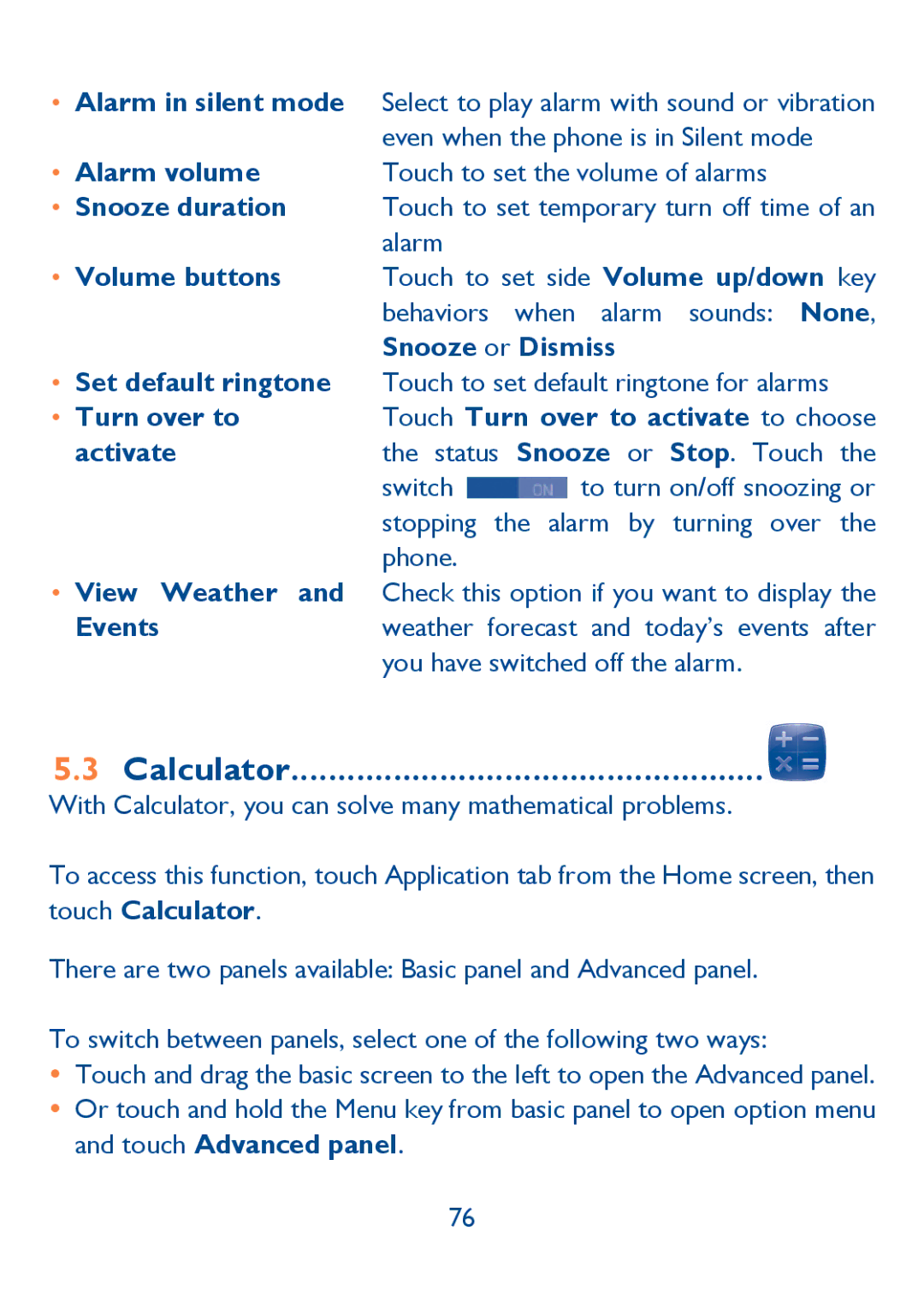 Alcatel Idol (6030A), 6030N Calculator, Alarm volume, Turn over to Touch Turn over to activate to choose Activate, Events 