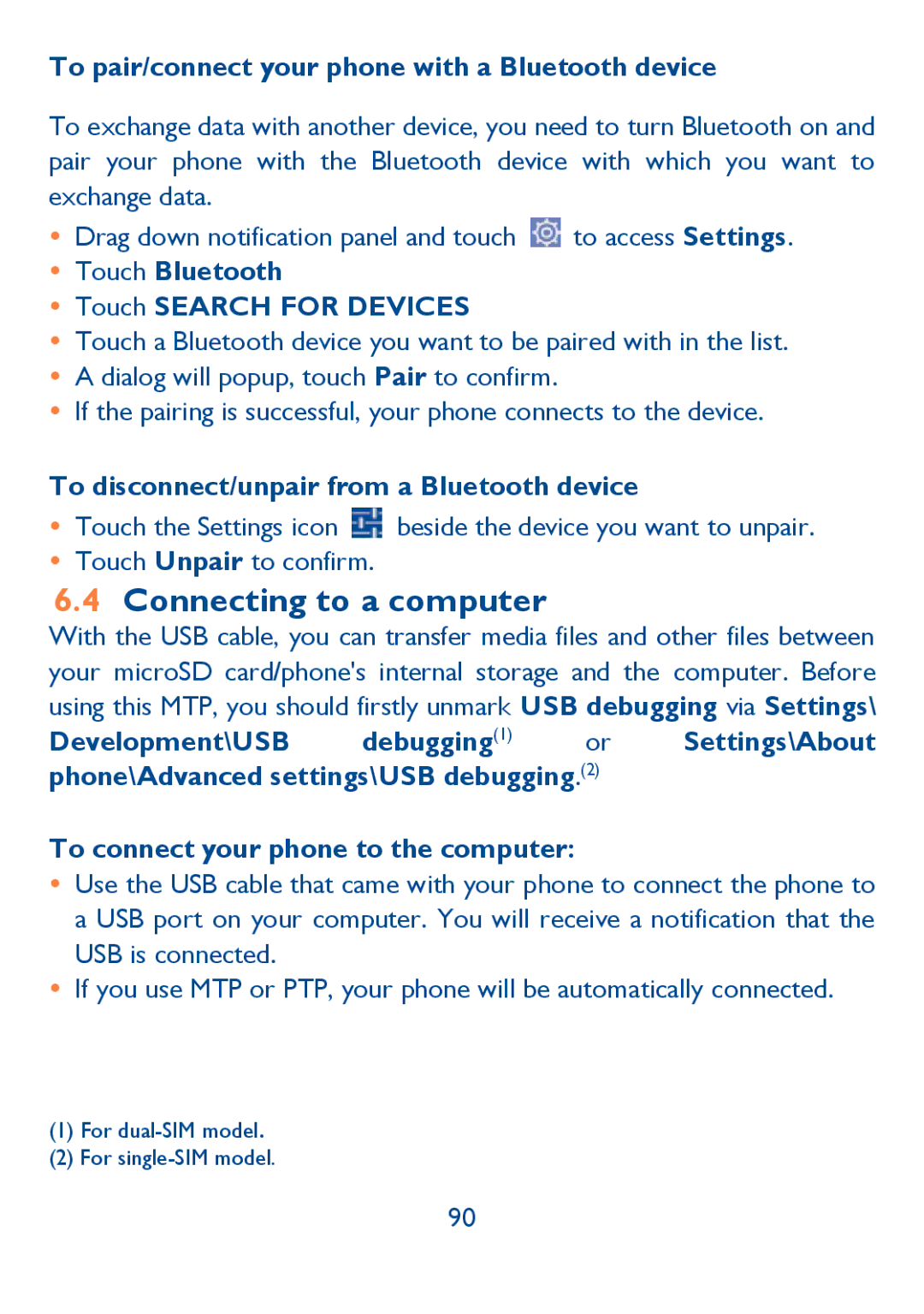 Alcatel Idol (6030A), 6030N manual Connecting to a computer, To pair/connect your phone with a Bluetooth device 