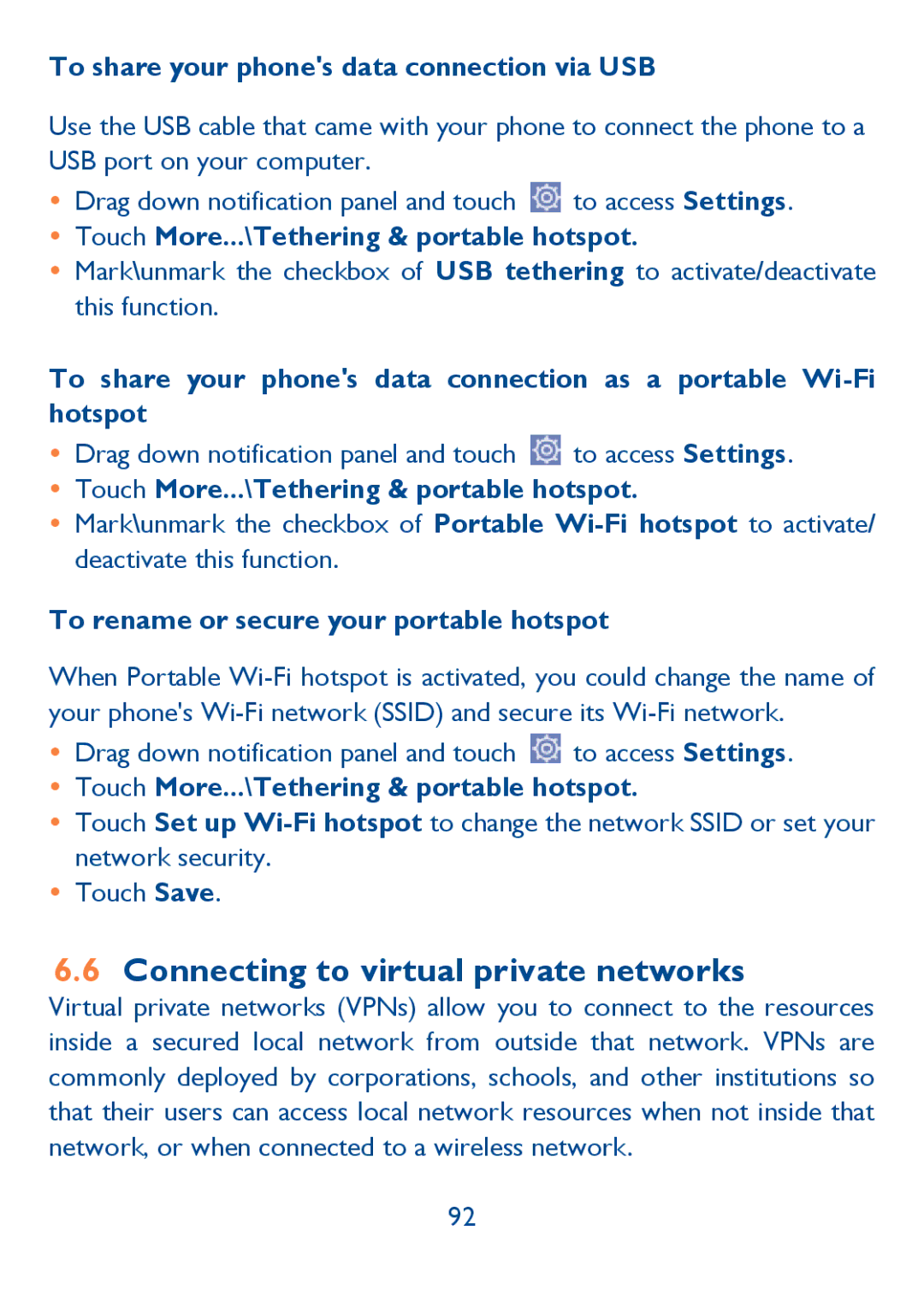 Alcatel Idol (6030A), 6030N manual Connecting to virtual private networks, To share your phones data connection via USB 