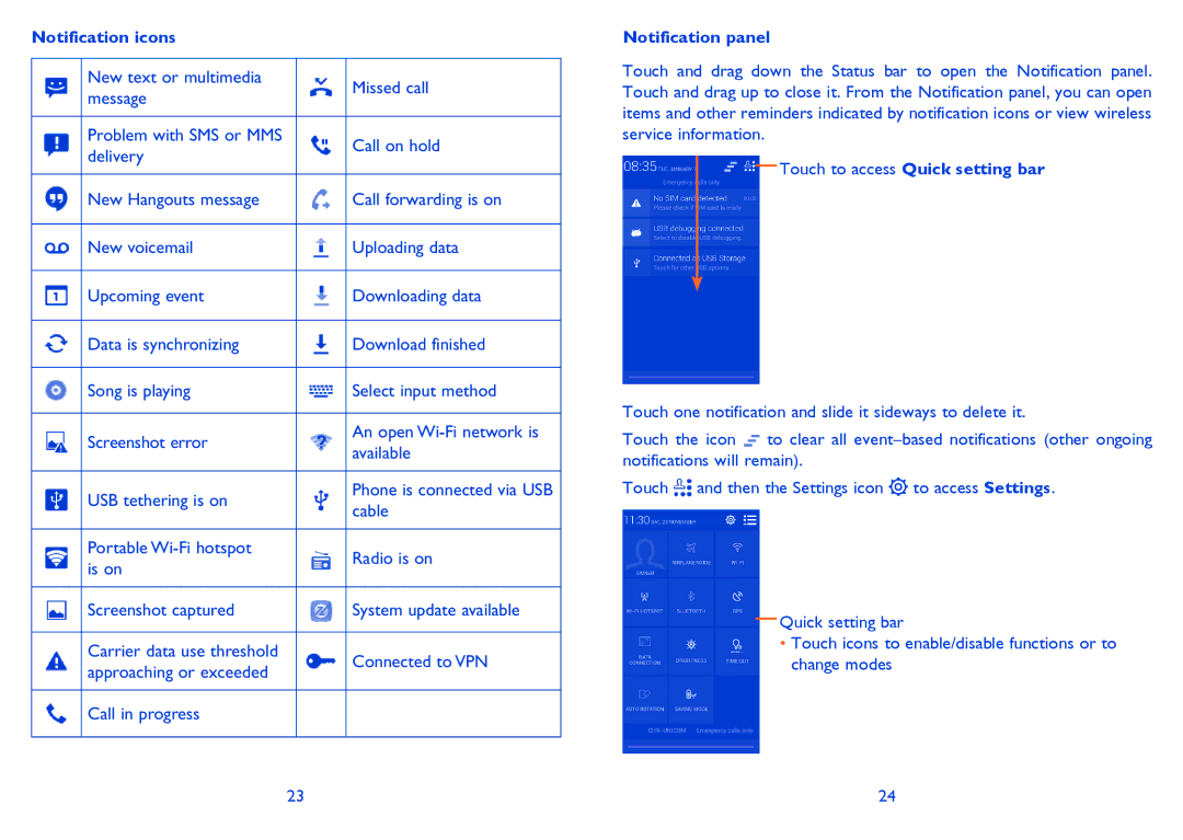 Alcatel IDOL MINI manual Notification icons, Cable, Notification panel, Touch to access Quick setting bar 