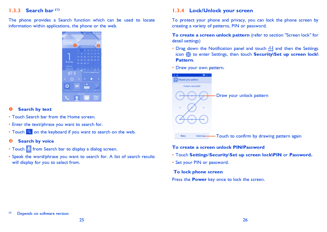 Alcatel IDOL MINI manual Search bar, Lock/Unlock your screen, Search by text, Search by voice, To lock phone screen 