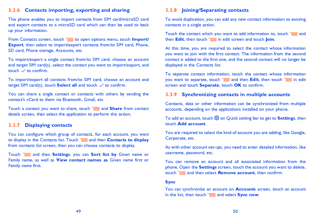 Alcatel IDOL MINI manual Contacts importing, exporting and sharing, Displaying contacts, Joining/Separating contacts, Sync 