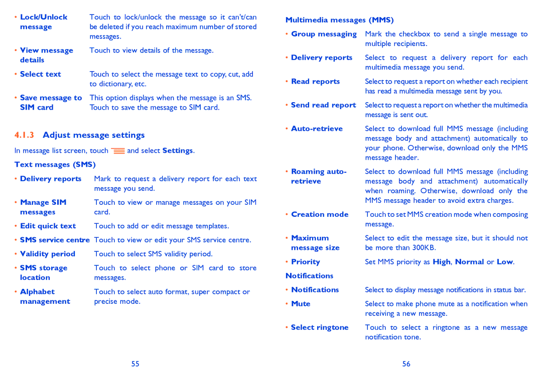 Alcatel IDOL MINI manual Adjust message settings 