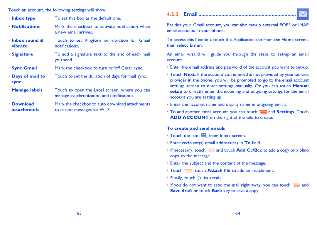Alcatel IDOL MINI manual Inbox type, Signature, Download, Attachments To recent messages via Wi-Fi 