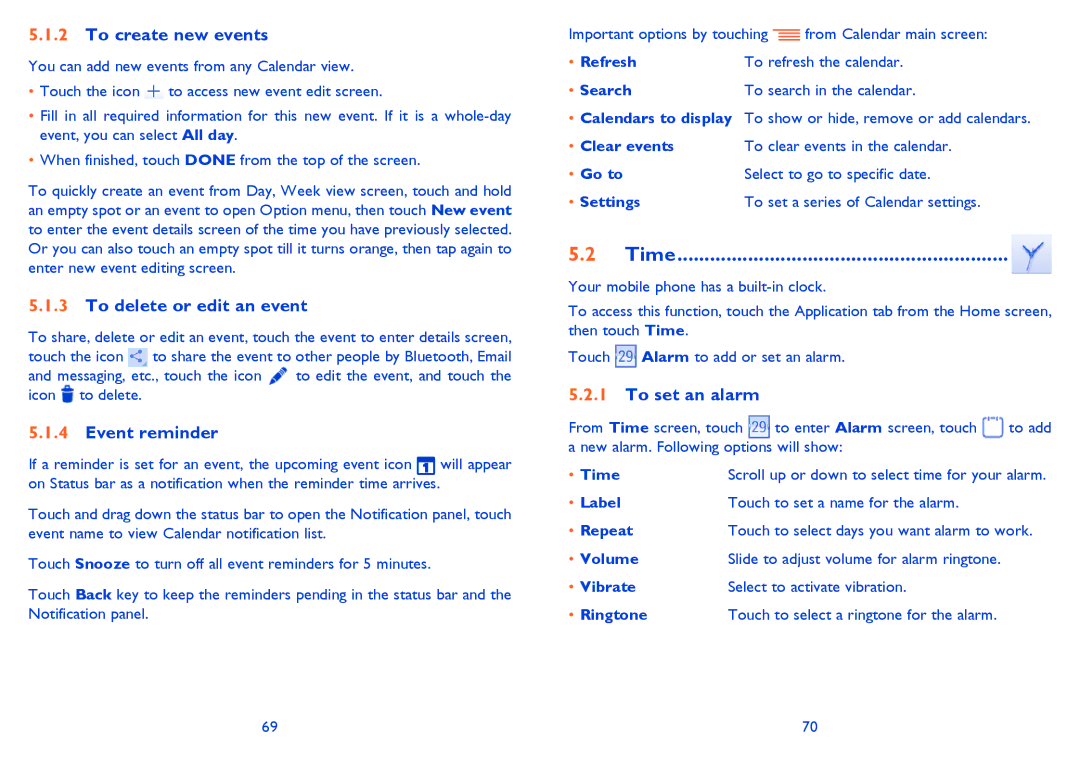 Alcatel IDOL MINI manual To create new events, To delete or edit an event, Event reminder, Time, To set an alarm 