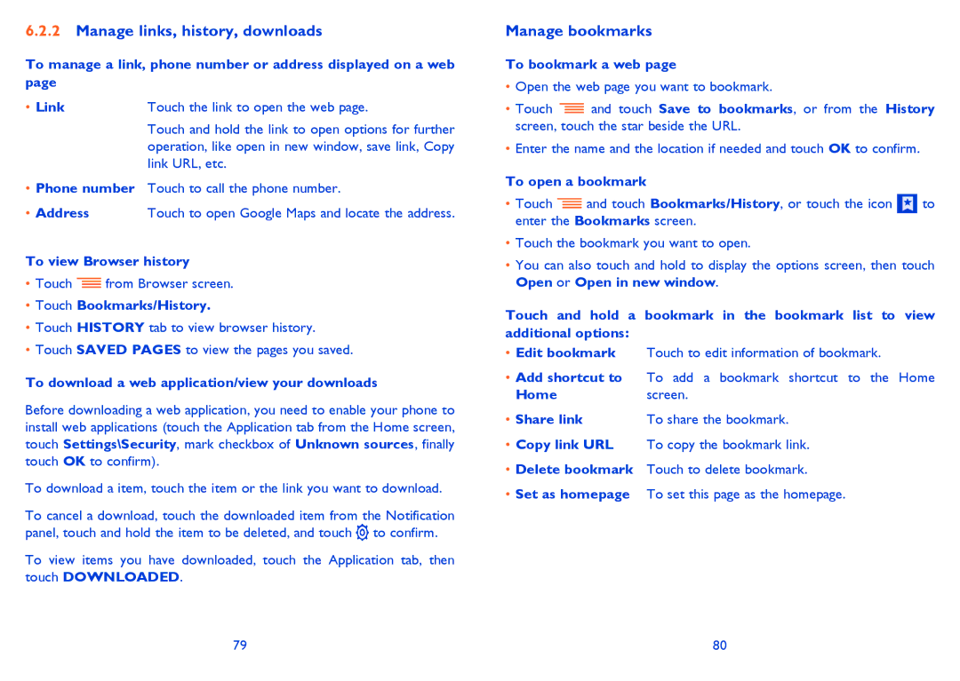 Alcatel IDOL MINI manual Manage links, history, downloads, Manage bookmarks 