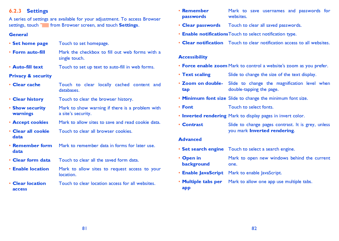 Alcatel IDOL MINI Privacy & security, Passwords websites, Accessibility, Tap, Font, Contrast, You mark Inverted rendering 