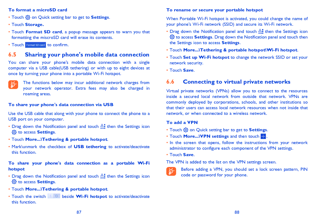 Alcatel IDOL MINI manual Sharing your phones mobile data connection, Connecting to virtual private networks 