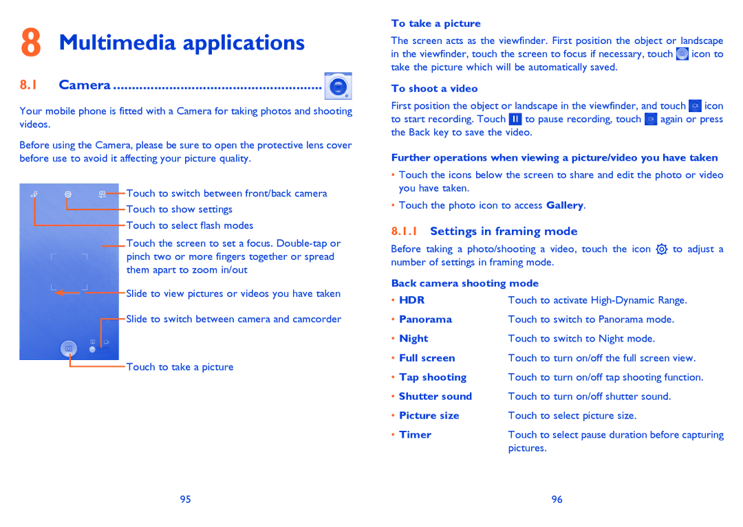 Alcatel IDOL MINI manual Multimedia applications, Camera, Settings in framing mode, Hdr 