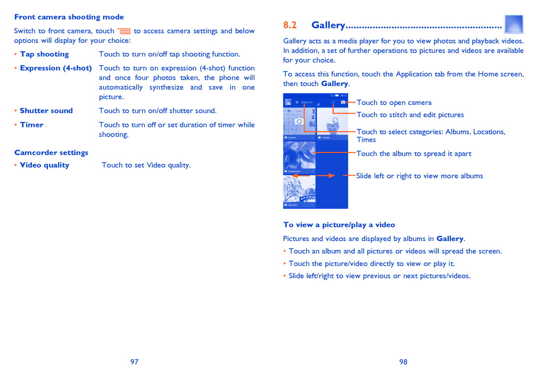 Alcatel IDOL MINI manual Gallery, Front camera shooting mode, Shooting, To view a picture/play a video 