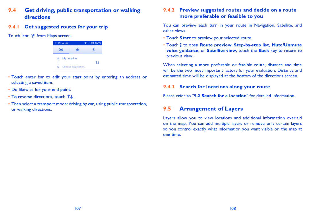 Alcatel IDOL MINI manual Get driving, public transportation or walking directions, Arrangement of Layers, 108 