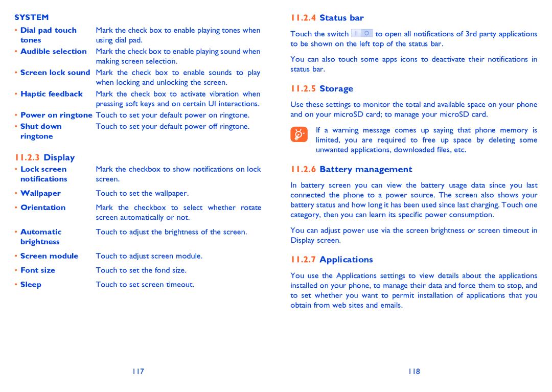 Alcatel IDOL MINI manual Display, Storage, Battery management, Applications, System 