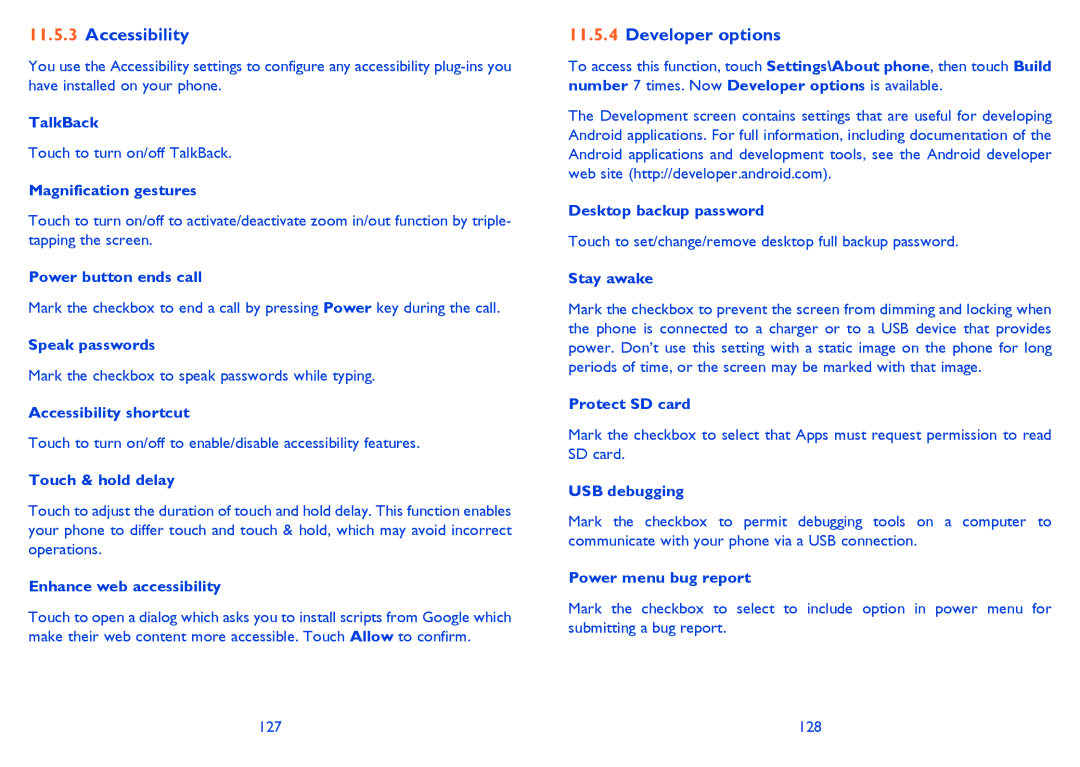 Alcatel IDOL MINI manual Accessibility, Developer options 