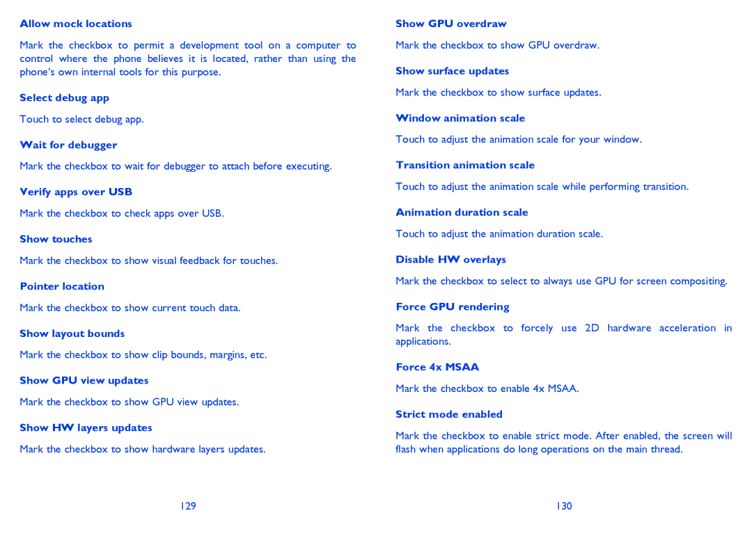 Alcatel IDOL MINI manual Allow mock locations, Select debug app, Wait for debugger, Verify apps over USB, Show touches 