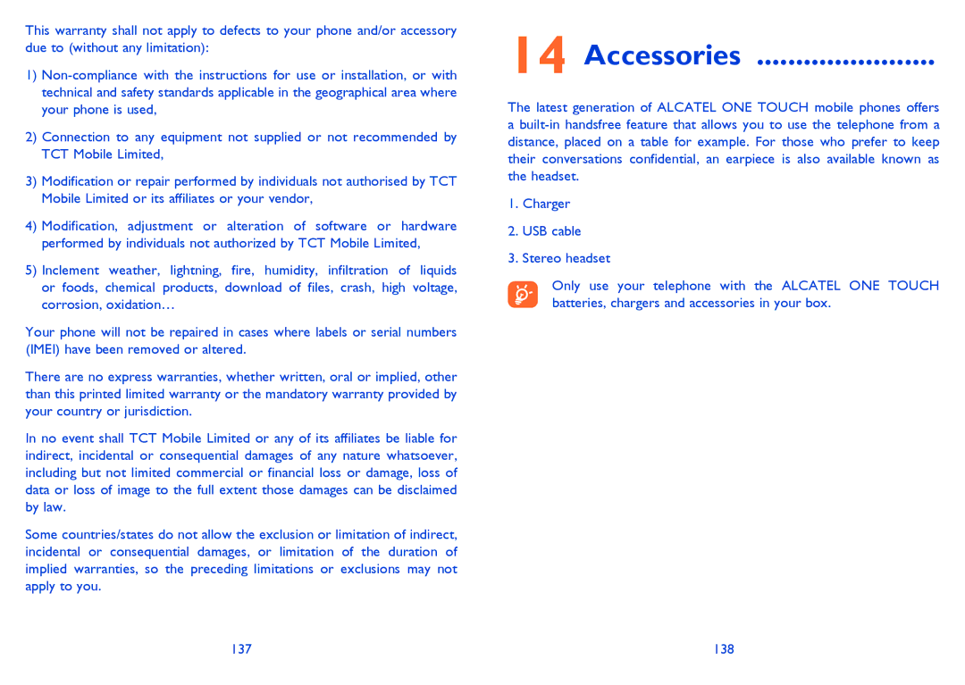 Alcatel IDOL MINI manual Accessories, 138 