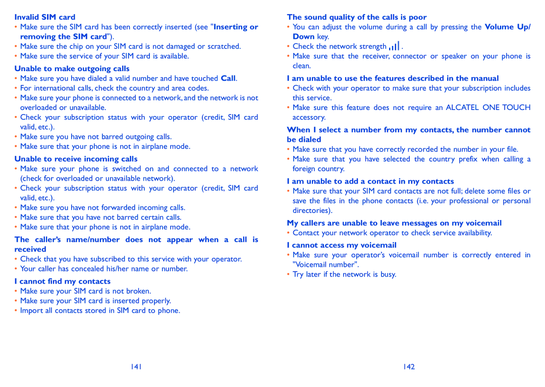 Alcatel IDOL MINI manual Invalid SIM card, Unable to make outgoing calls, Unable to receive incoming calls 