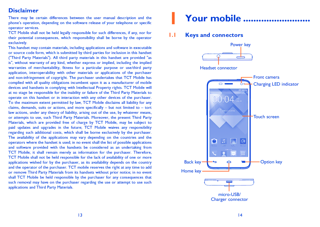 Alcatel IDOL MINI manual Your mobile, Disclaimer, Keys and connectors, Home key Micro-USB Charger connector 