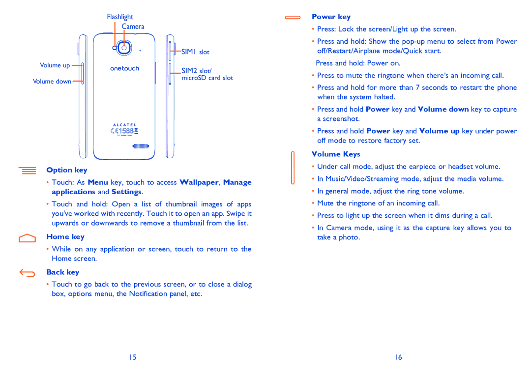 Alcatel IDOL MINI manual Flashlight Camera, Power key, Volume Keys Option key, Home key, Back key 