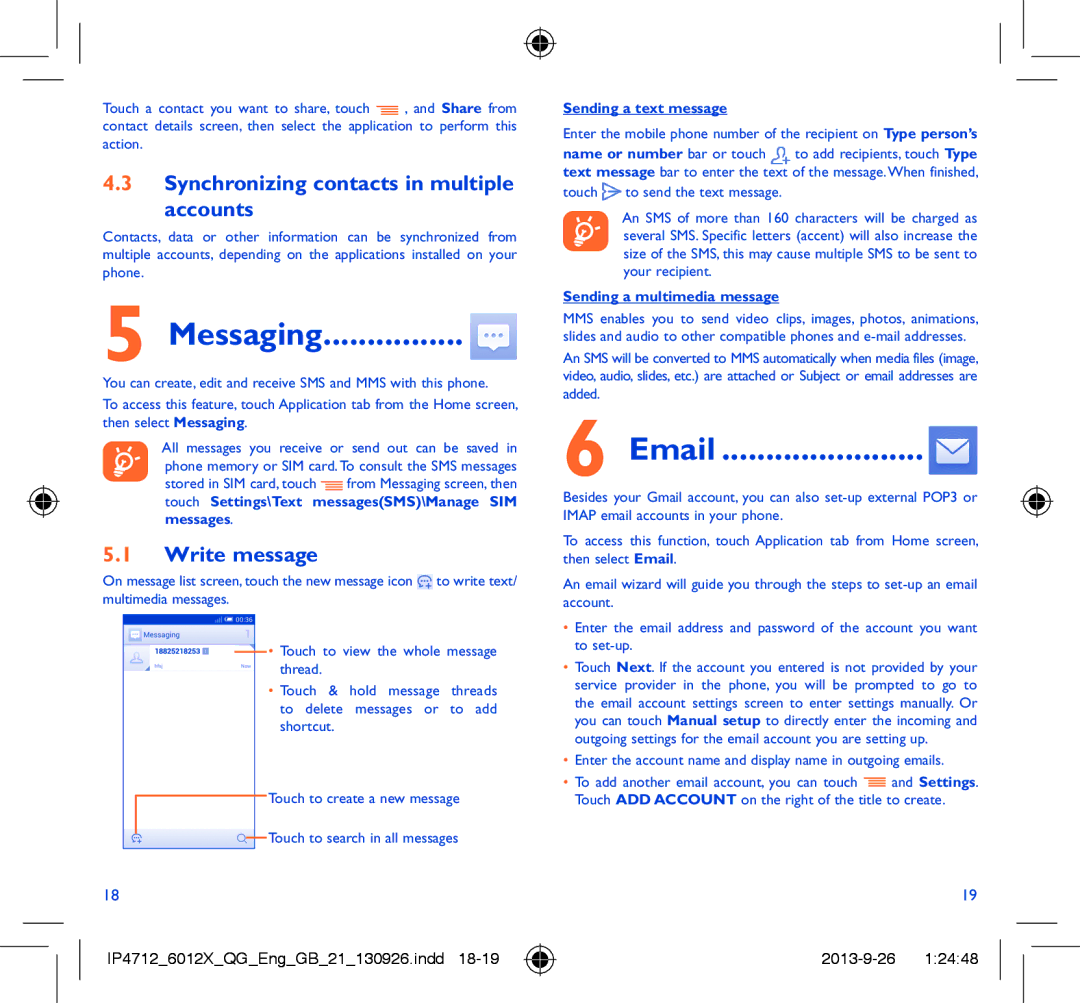 Alcatel IDOL MINI manual Messaging, Synchronizing contacts in multiple Accounts, Write message 