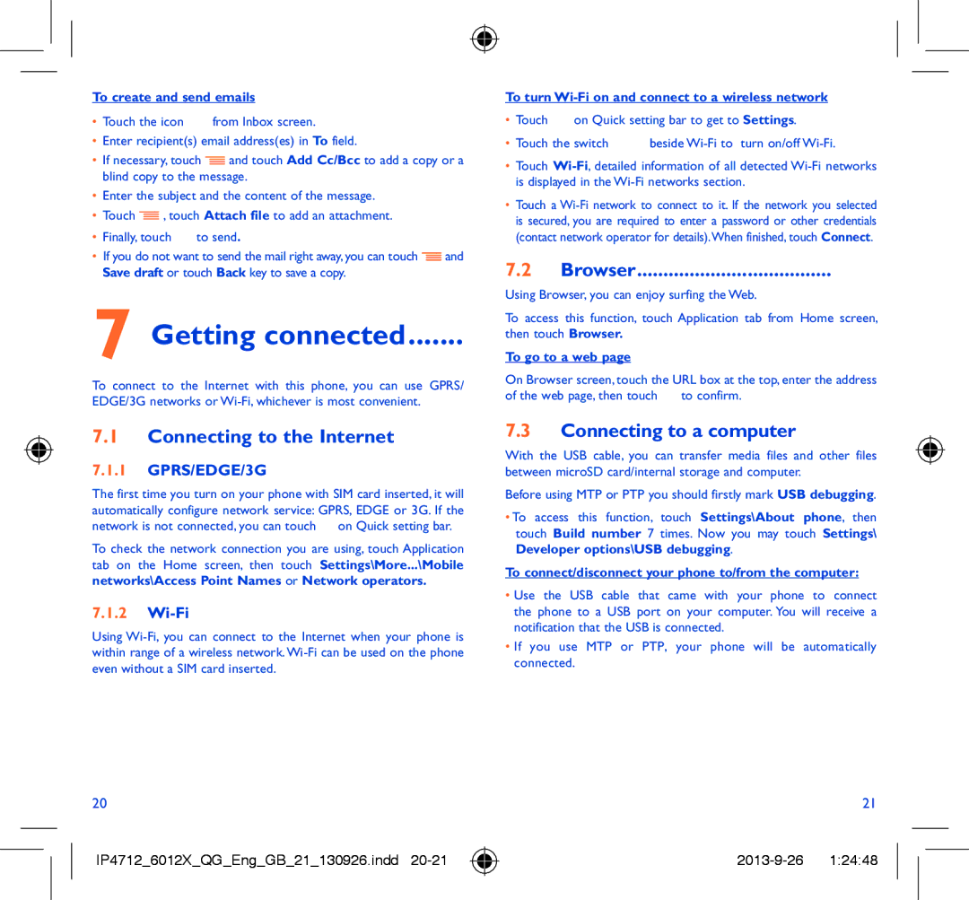 Alcatel IDOL MINI manual Getting connected, Connecting to the Internet, Browser, Connecting to a computer 