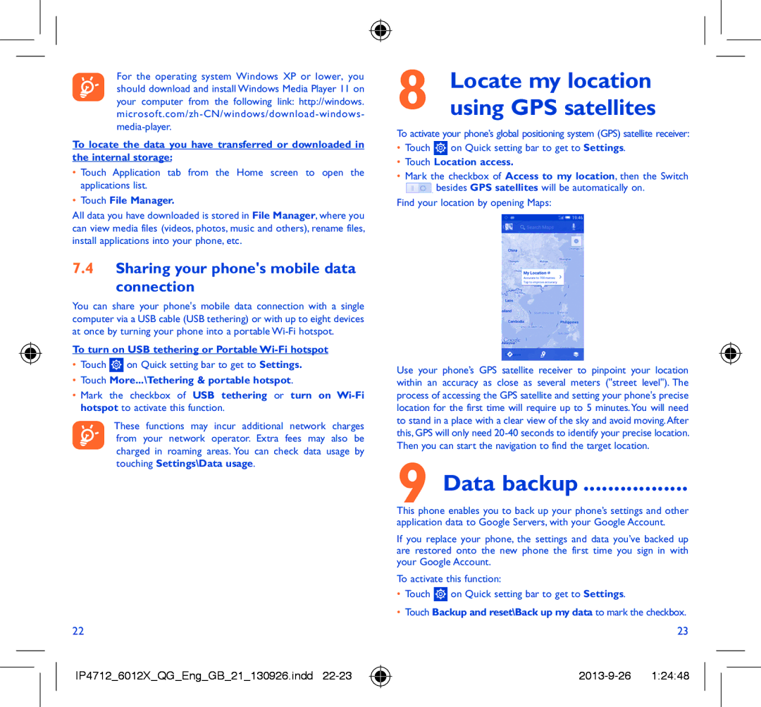 Alcatel IDOL MINI manual Data backup, Sharing your phones mobile data Connection, Touch File Manager, Touch Location access 
