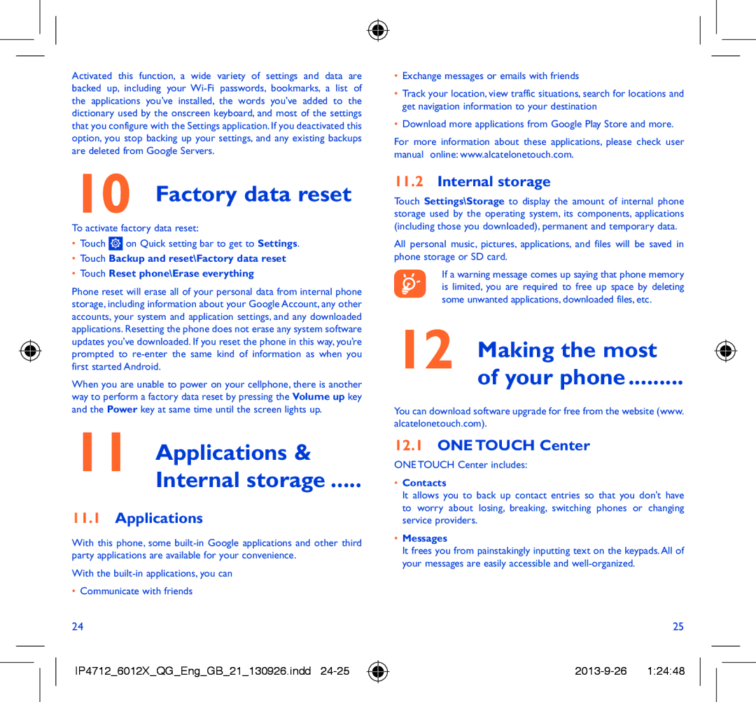 Alcatel IDOL MINI manual Factory data reset, Applications Internal storage, Making the most Your phone 