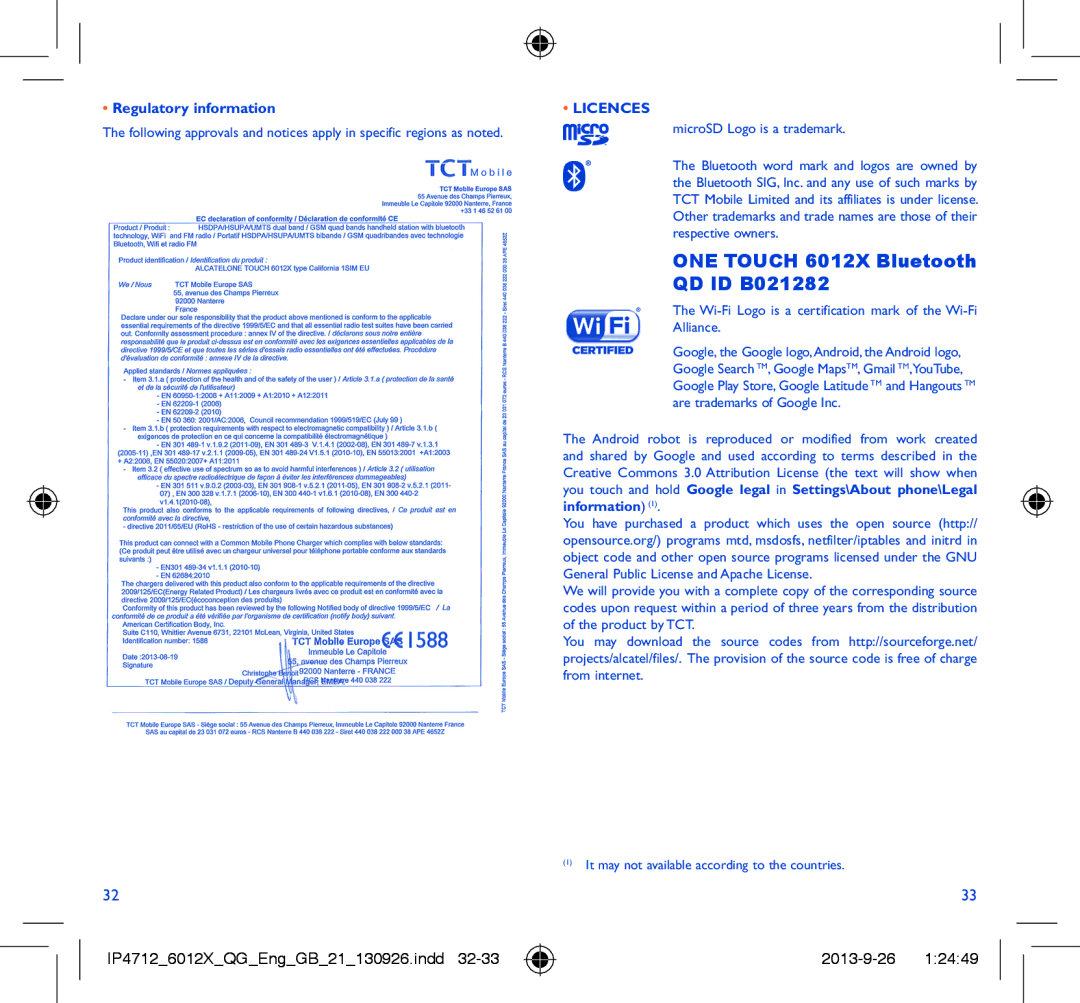 Alcatel IDOL MINI manual ONE Touch 6012X Bluetooth QD ID B021282, Regulatory information, Licences 