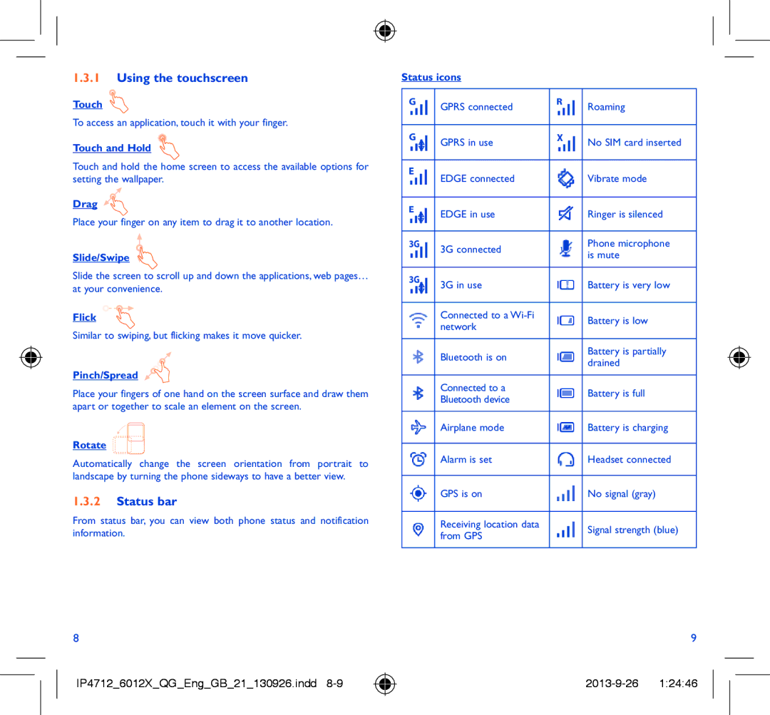 Alcatel IDOL MINI manual Using the touchscreen, Status bar 