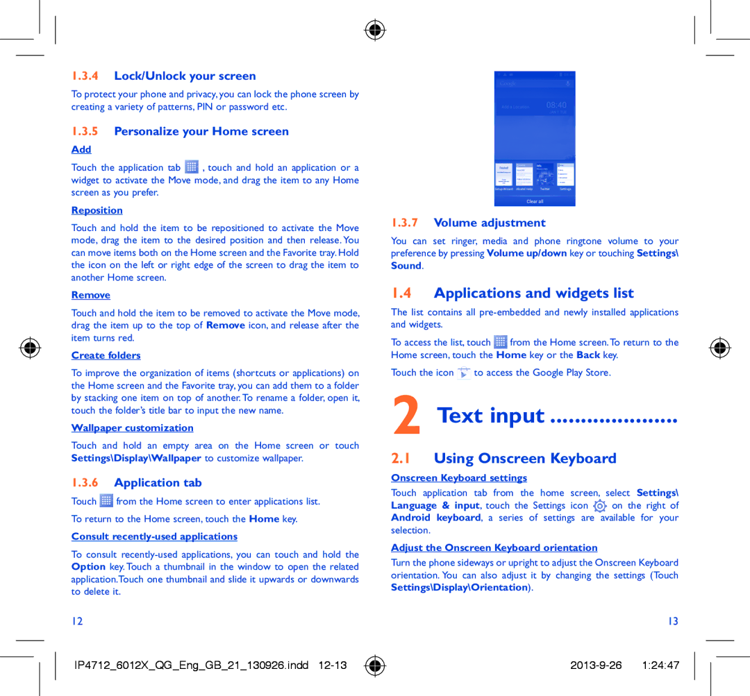 Alcatel IDOL MINI manual Text input, Applications and widgets list, Using Onscreen Keyboard 