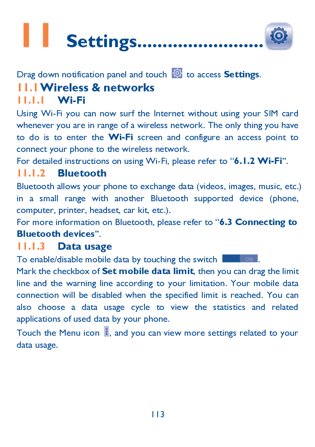 Alcatel IDOL ULTRA manual Settings, Wireless & networks, Bluetooth, Data usage 