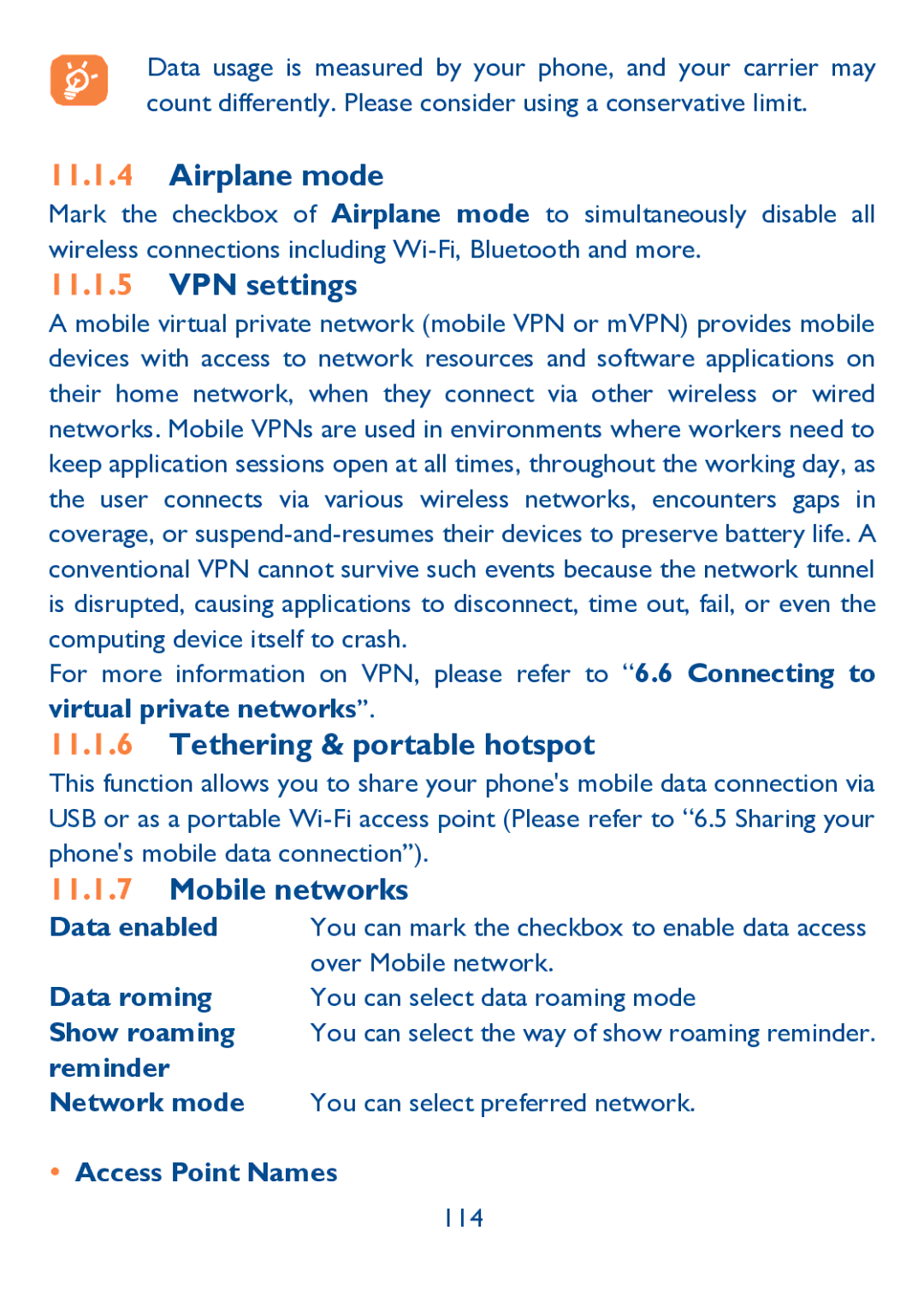 Alcatel IDOL ULTRA manual Airplane mode, VPN settings, Tethering & portable hotspot, Mobile networks 