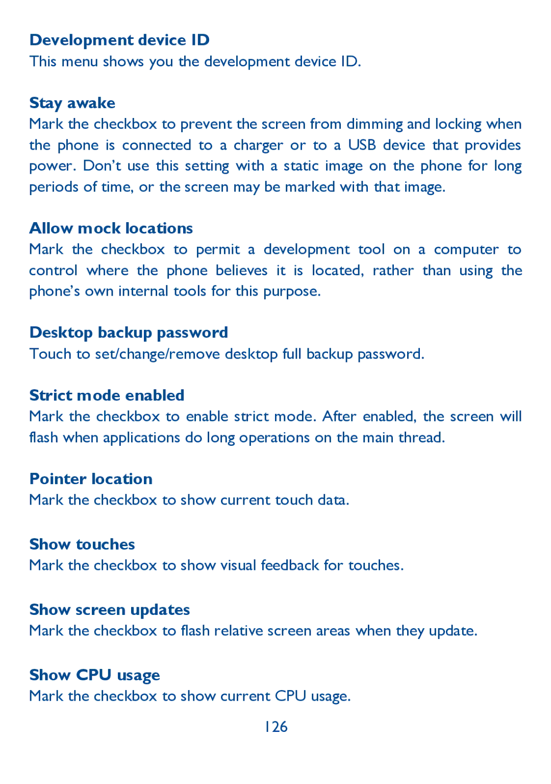 Alcatel IDOL ULTRA Development device ID, Stay awake, Allow mock locations, Desktop backup password, Strict mode enabled 