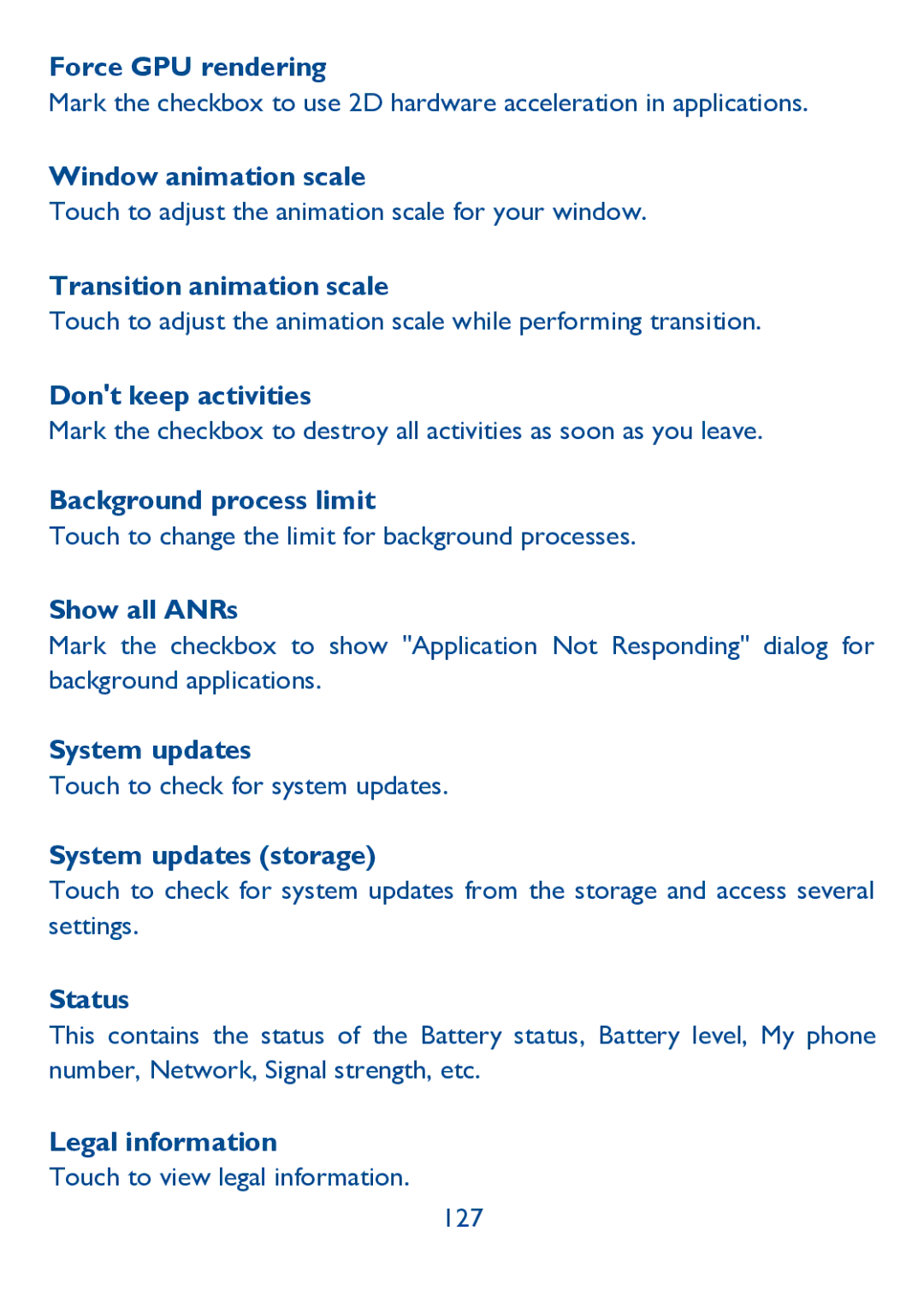 Alcatel IDOL ULTRA Force GPU rendering, Window animation scale, Transition animation scale, Dont keep activities, Status 